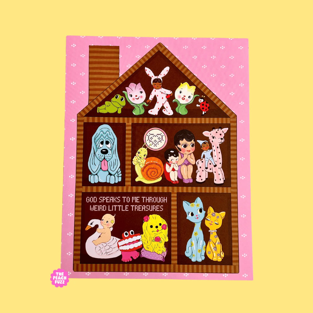 a house shaped trinket shelf filled with figurines. text reads "god speaks to me through weird little treasures"
