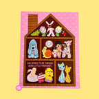 a house shaped trinket shelf filled with figurines. text reads "god speaks to me through weird little treasures"