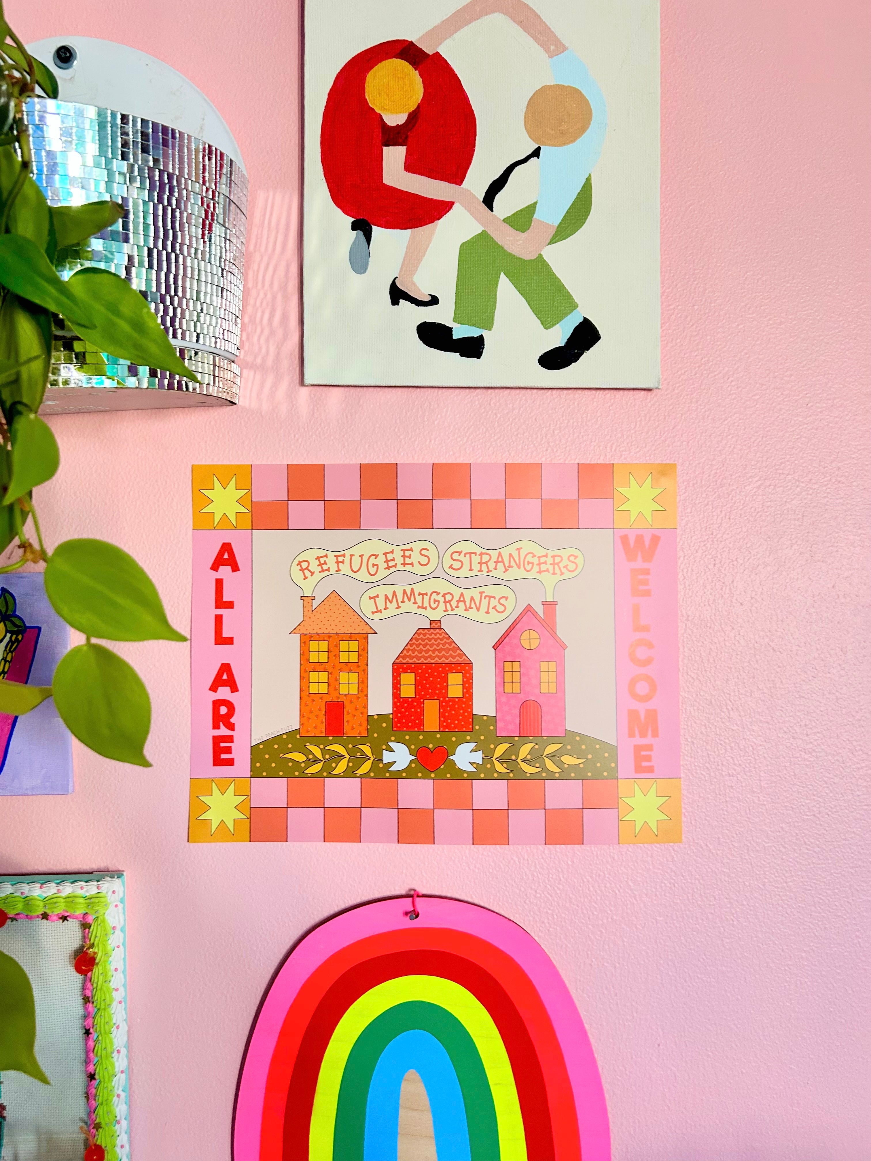 "All Are Welcome: Refugees, Strangers, Immigrants" Print measures 8.5 x 11 inches and is on matte paper. - the peach fuzz