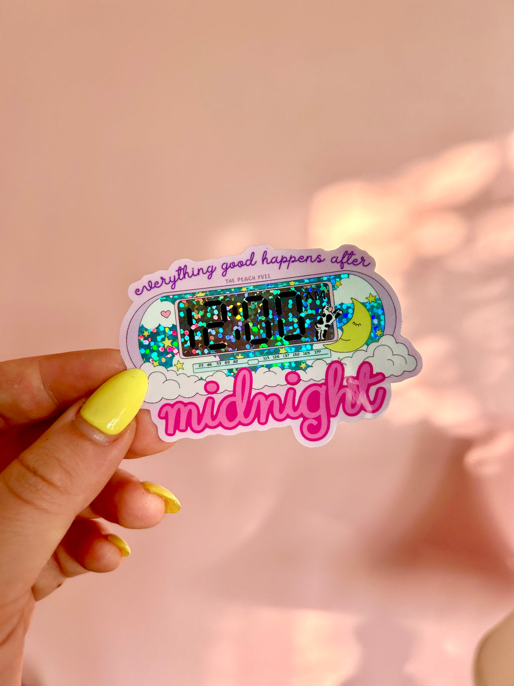 Everything good happens after midnight glitter sticker - the peach fuzz