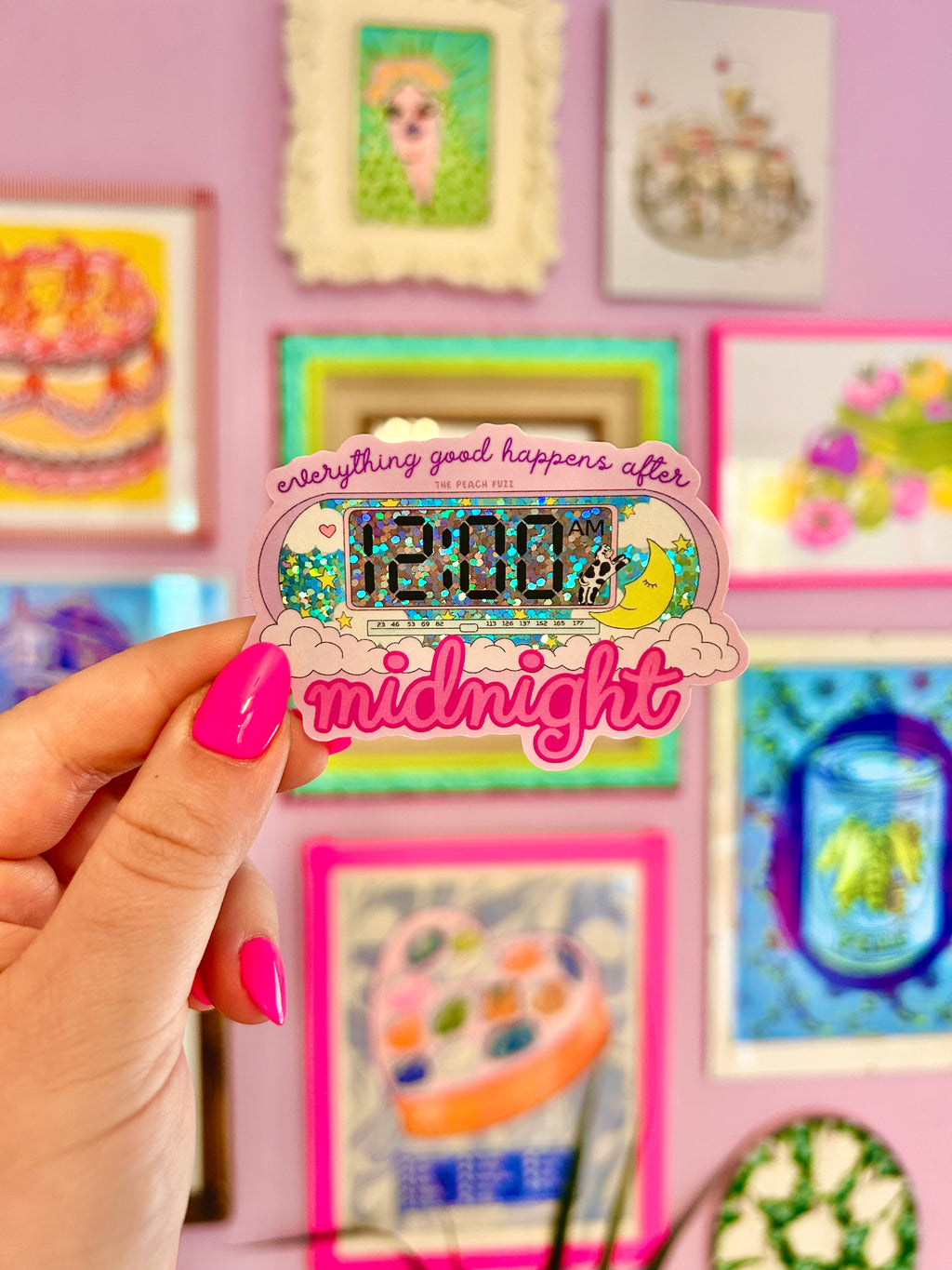 Everything good happens after midnight glitter sticker - the peach fuzz