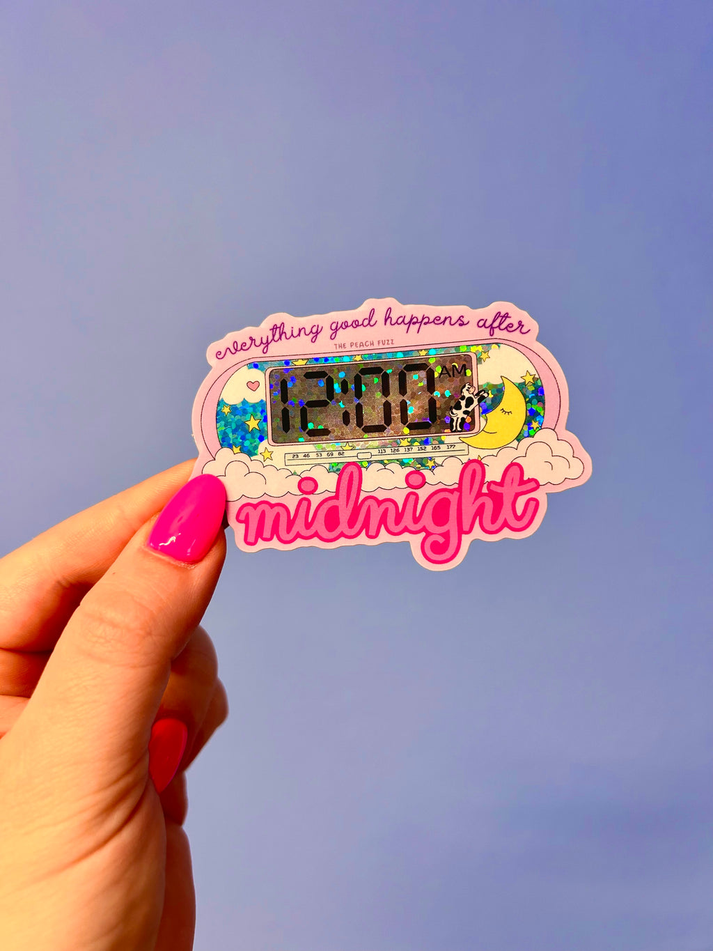 Everything good happens after midnight glitter sticker - the peach fuzz