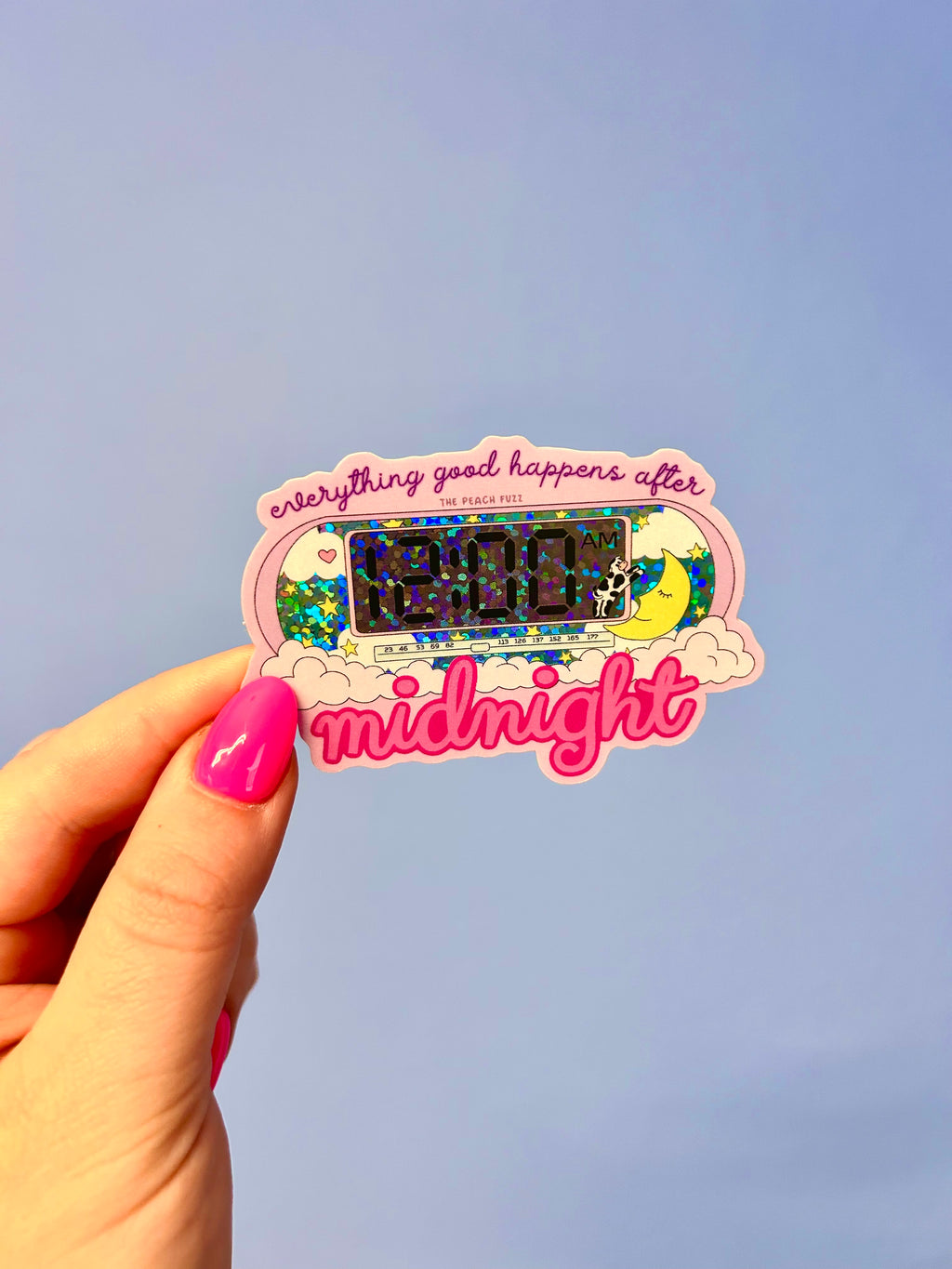 Everything good happens after midnight glitter sticker - the peach fuzz