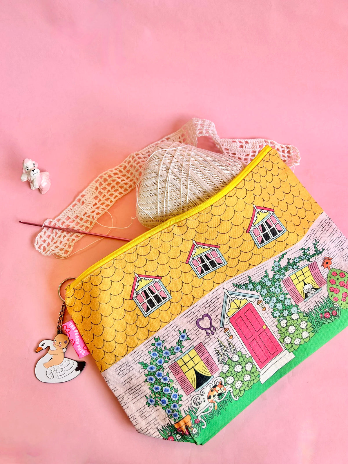 Kewpie Swan Keychain and Vintage Cottage Zipper Storage Bag - The Peach Fuzz